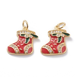 Real 18K Gold Plated Brass Micro Pave Clear Cubic Zirconia Pendants, with Red & Green Enamel & Jump Rings, Long-Lasting Plated, For Christmas, Stocking, Real 18K Gold Plated, 14.5x15.5x2.5mm, Hole: 3mm, Jump Ring: 5x1mm
