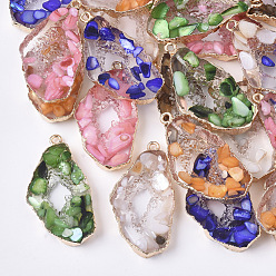 Mixed Color Resin Pendants, Imitation Geode, with Shell and Edge Light Gold Plated Iron Loops, Nuggets, Mixed Color, 39x20x5mm, Hole: 1.8mm