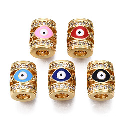 Mixed Color Brass Micro Pave Cubic Zirconia Beads, with Enamel, Real 18K Gold Plated, Column with Evil Eye, Nickel Free, Mixed Color, 11.5x9.5mm, Hole: 4.5mm