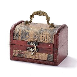 Coral Vintage Wooden Jewelry Box, Pu Leather Decorative Treasure Chest Boxes, with Carry Handle and Latch, Rectangle with Map Pattern, Coral, 11.9x9.05x9cm