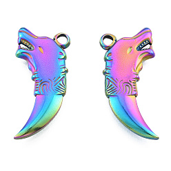 Rainbow Color Ion Plating(IP) 201 Stainless Steel Pendants, Wolf, Rainbow Color, 30.5x14x3mm, Hole: 2.5mm