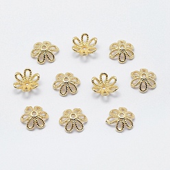 Real 18K Gold Plated 6-Petal Brass Caps, Long-Lasting Plated, Real 18K Gold Plated, Nickel Free, Flower, 10.5x3.5mm, Hole: 1mm