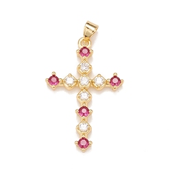 Colorful Brass Micro Pave Cubic Zirconia Pendants, Real 18K Gold Plated, Lead Free & Cadmium Free, Cross, Colorful, 33x22x4mm, Hole: 4x3mm