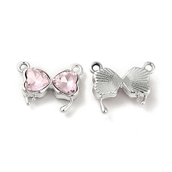 Pink Glass Charms, Rack Plating Platinum Alloy Findings, Nickel Free, Bowknot, Pink, 14x16x4.5mm, Hole: 1.5mm