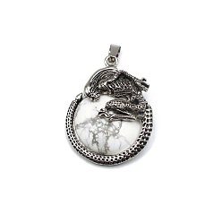 Howlite Natural Howlite Pendants, Flat Round Charms with Skeleton, with Antique Silver Plated Metal Findings, 40x35mm
