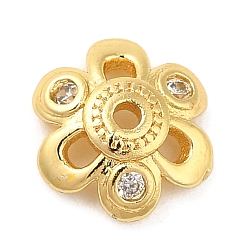 Real 18K Gold Plated Rack Plating Brass Micro Pave Cubic Zirconia Bead Caps, Cadmium Free & Lead Free, 6-Petal Flower, Real 18K Gold Plated, 8x2.5mm, Hole: 1mm