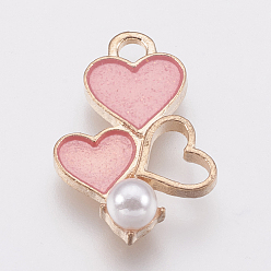 Pink Zinc Alloy Enamel Pendants, with Acrylic Beads, Heart, Golden, Pink, 19x13x5mm, Hole: 1.5mm