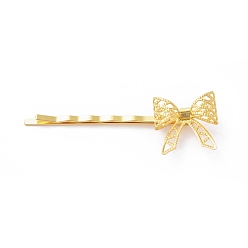 Golden Iron Hair Bobby Pins, with Brass Findings, Bowknot, Long-Lasting Plated, Golden, 62x11mm, Bowknot: 20x20mm