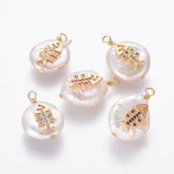 Mixed Color Natural Cultured Freshwater Pearl Pendants, with Brass Micro Pave Cubic Zirconia Findings, Nuggets with Fish Bone, Golden, Mixed Color, 20~24x13~15x5~8mm, Hole: 1.8mm