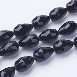 Black Imitation Jade Glass Beads Strands, Opaque Solid Color, Faceted, Drop, Black, 25~28x18mm, Hole: 2mm, about 25pcs/strand, 26.3 inch~27.1 inch(67cm~69cm)