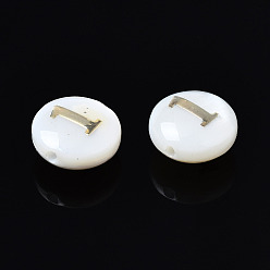 Number Natural Freshwater Shell Beads, with Golden Plated Brass Metal Embellishments, Flat Round with Number, Num.1, 8x4.5mm, Hole: 0.8mm