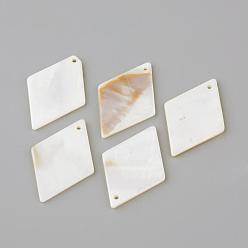 Creamy White Freshwater Shell Pendants, Rhombus, Creamy White, 37~39x24~26x2mm, Hole: 1~1.5mm