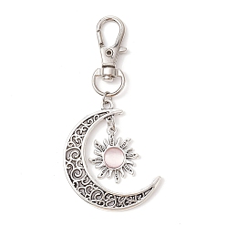 Misty Rose Moon & Sun Alloy Pendant Decorations, Cat Eye and Alloy Swivel Lobster Claw Clasps Charm, Antique Silver & Platinum, Misty Rose, 73mm