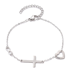 Stainless Steel Color Cross & Heart & Infinity 304 Stainless Steel Link Chain Bracelets with Cable Chains, Stainless Steel Color, 7-1/8 inch(18cm)