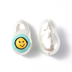 Aquamarine Shell Enamel Beads, Oval with Smiling Face, Aquamarine, 21~21.5x12.5~13x12mm, Hole: 1~1.2mm