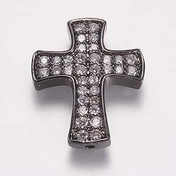 Gunmetal Brass Micro Pave Cubic Zirconia Beads, Cross, Gunmetal, 23.5x19.5x3.5mm, Hole: 1.5mm