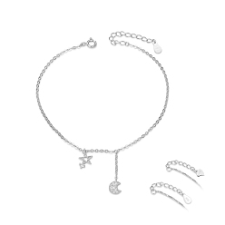 Platine Bracelet de cheville en argent sterling plaqué rhodium shegrace, micro pavé grade aaa zircone étoile et lune, avec cachet s, platine, 925 pouce (925 cm)
