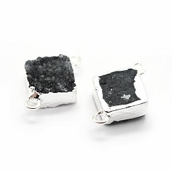 Noir Connecteurs de liens de quartz druzy naturel, avec les accessoires en laiton, carrée, couleur argent plaqué, noir, 16~18x13~14x6~8mm, Trou: 2mm