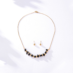 Obsidiana Collar con colgante de chips de obsidiana natural y aretes de bola redonda, conjunto de joyas de acero inoxidable dorado, Sin tamaño