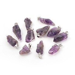 Amethyst Natural Amethyst Pendants, with Platinum Tone Brass Findings, Nuggets, 17.5~30x9.5~10x4.5~8mm, Hole: 3.5x4.5mm