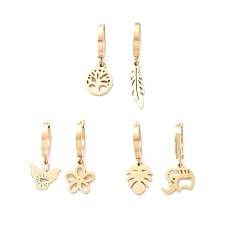 Golden 3 Pair 3 Style Leaf & Flower & Butterfly & Tree & Elephant Asymmetrical Earrings, Ion Plating(IP) 304 Stainless Steel Dangle Hoop Earrings for Women, Golden, 24~31mm, Pin: 1mm, 1 Pair/style