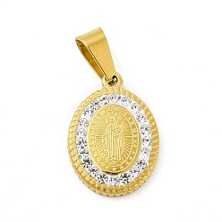 Golden Vacuum Plating 304 Stainless Steel Pendants, with Crystal Polymer Clay Rhinestone, Oval with Virgen Del Carmen, Golden, 19x13x2.5mm, Hole: 7x3.5mm