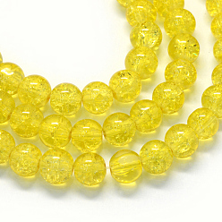 Jaune Cuisson peint verre craquelé transparent brins de perles rondes, jaune, 8.5~9mm, Trou: 1.5mm, Environ 105 pcs/chapelet, 31.8 pouce