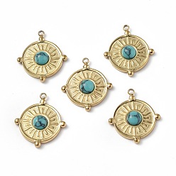 Turquoise Vacuum Plating 201 Stainless Steel Natural Turquoise Pendants, Real 18K Gold Plated, Flat Round Charms, 20.5x18x4mm, Hole: 1.2mm