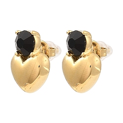 Black Glass Heart Stud Earrings, Real 18K Gold Plated 304 Stainless Steel Earrings, Black, 16x16mm