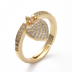 Golden Adjustable Brass Micro Pave Cubic Zirconia Finger Rings, with Heart Charms, Golden, Size 7, 17.6mm