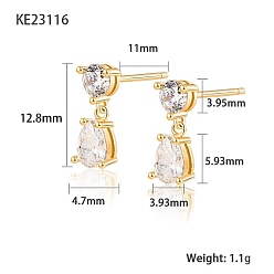 Clear Cubic Zirconia Teardrop Dangle Stud Earrings, Golden 925 Sterling Silver Earrings, Clear, 12.8x3.93~4.7mm