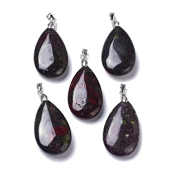 Dragon Blood Natural Dragon Blood Pendants, with Brass Finding, Teardrop, 35x20x7.5~9mm, Hole: 4x3.5mm