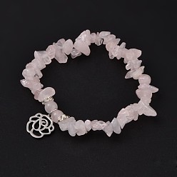 Rose Quartz Natural Rose Quartz Beaded Stretch Bracelets, with 304 Stainless Steel Rose Charms, 53mm