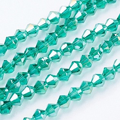 Vert De Mer Clair Chapelets de perles en verre, de couleur plaquée ab , facette, Toupie, vert de mer clair, 4x4mm, Trou: 1mm, Environ 92~96 pcs/chapelet, 13.78~14.37 pouce