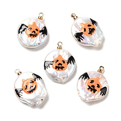 Bat Baroque Style Natural Keshi Pearl Pendants with Enamel, Halloween Flat Round Charms with Golden Tone Brass Pendant Bails, Seashell Color, Bat, 21~23x16~17.5x4~7.5mm, Hole: 1.2mm