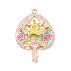 Pink Alloy Enamel Pendants, Light Gold, Magic Fan with Crown Charm, Pink, 38x26.5x1.5mm, Hole: 2mm