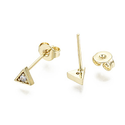 Real 16K Gold Plated Brass Micro Pave Clear Cubic Zirconia Stud Earrings, with Ear Nuts, Nickel Free, Triangle, Real 16K Gold Plated, 4.5x5mm, Pin: 0.8mm