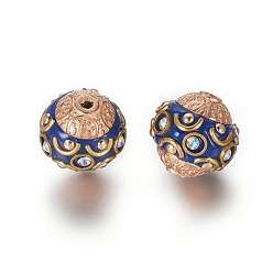 Blue Handmade Indonesia Beads, with Rhinestone and Brass Findings, Round, Light Gold, Blue, 14.5x14.5mm, Hole: 1.5mm