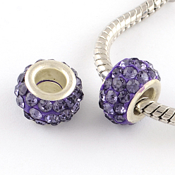 Violet Polymer Clay Rhinestone European Large Hole Beads with Silver Color Plated Brass Cores, Rondelle, Violet, 11~12x7~7.5mm, Hole: 5mm