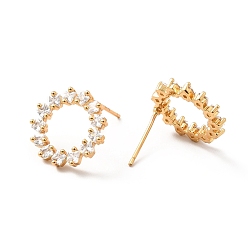 Chapado en Oro Real 18K Aretes de anillo abierto con circonita cúbica transparente, joyas de latón para mujer, sin plomo, cadmio, níquel, real 18 k chapado en oro, 13.5x2.5 mm, pin: 0.6 mm