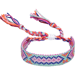 Aqua Polyester-cotton Braided Rhombus Pattern Cord Bracelet, Ethnic Tribal Adjustable Brazilian Bracelet for Women, Aqua, 5-7/8~11 inch(15~28cm)