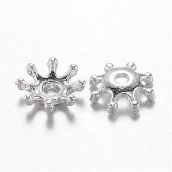 Silver Alloy Bead Caps, Cadmium Free & Lead Free, Flower, Multi-Petal, Silver Color Plated, 8x2.5mm, Hole: 1.5mm
