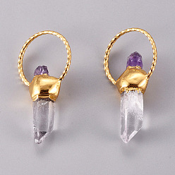 Golden Natural Gemstone Pointed Pendants, Natural Amethyst & Quartz Crystal, with Brass Loop, Prismatic, Golden, 39~53x21~22x9~11mm, Hole: 18~19mm