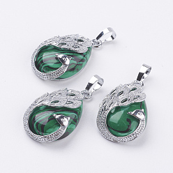 Malachite Synthetic Malachite Pendants, with Brass Finding, Teardrop with Peacock, Platinum, 33x20x10.5mm, Hole: 5x6.5mm