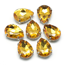Oro Cose en el rhinestone, Enlaces multifilares, diamantes de imitación de cristal, con 201 ajustes de dientes de acero inoxidable, accesorios de prendas de vestir, facetados, lágrima, oro, 14x10x6 mm, agujero: 0.8~1 mm