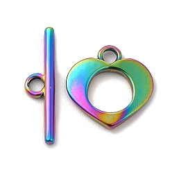 Rainbow Color Ионное покрытие (ip) 304 застежки из нержавеющей стали, сердце, Радуга цветов, Сердце: 16x16x2 mm, отверстие : 2.5 мм, 8 мм внутренним диаметром, бар: 22x5.5x2 mm, отверстие : 2.5 мм