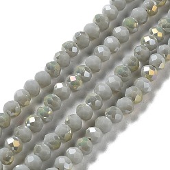 Silver Electroplate Opaque Glass Beads Strands, Half Rainbow Plated, Faceted, Rondelle, Silver, 4x3mm, Hole: 0.4mm, about 123~127pcs/strand, 16.5~16.9 inch(42~43cm)