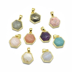 Mixed Stone Natural Mixed Stone Pendants, with Golden Tone Brass Findings, Hexagon, Faceted, 13.5x14x5mm, Hole: 2.5x3.5mm
