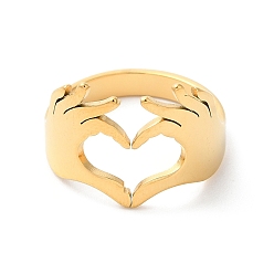 Oro Chapado en iones (ip) 304 anillo de puño abierto de corazón de mano de acero inoxidable para mujer, dorado, diámetro interior: 17 mm