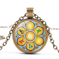 Antique Bronze 7 Chakra Glass Pendant Necklace, Yoga Theme Alloy Jewelry for Women, Antique Bronze, 50~55cm